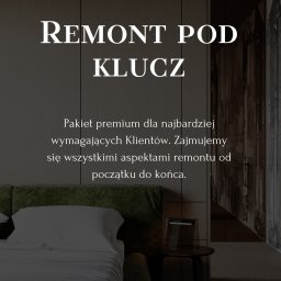Daria Horbova Interior Architect - Sypialnia po remoncie 'pod klucz' z zielonym łóżkiem, drewnianą ścianą i minimalistycznym stolikiem nocnym. Tekst 'Remont pod klucz' widoczny na zdjęciu.