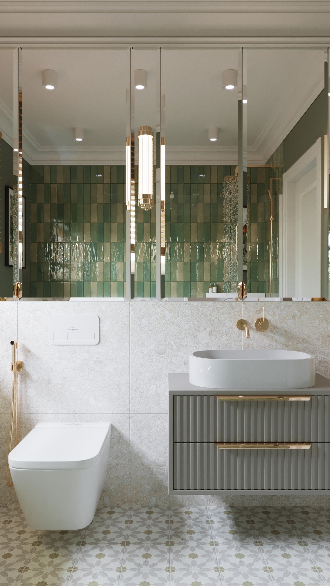 Nowoczesna łazienka z zielonymi, błyszczącymi kafelkami, białymi sanitariatami i umywalką nablatową na szarej szafce z złotymi uchwytami, oświetlona wiszącymi lampami z elementami złota.