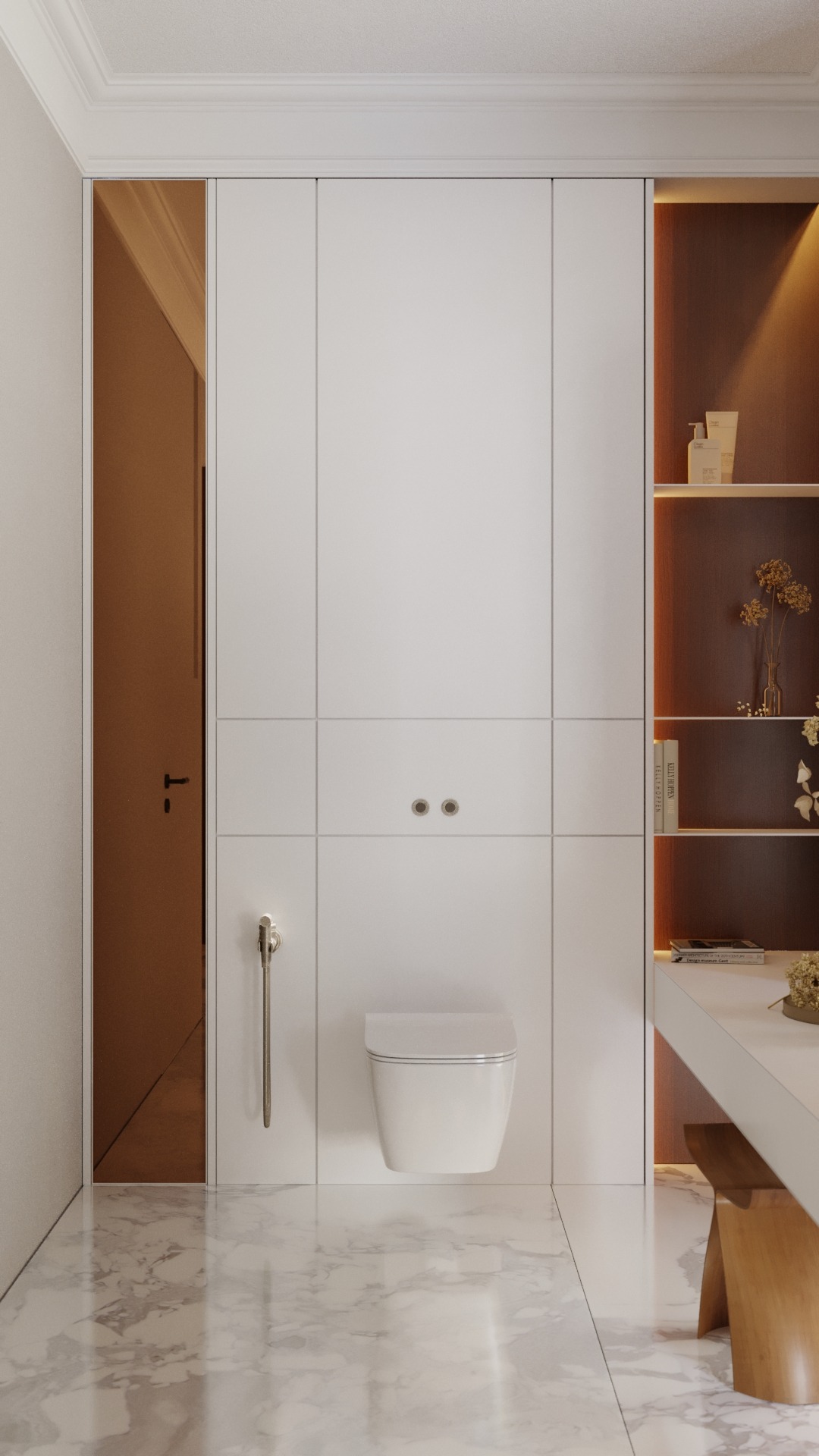 Minimalistyczna łazienka z podwieszaną toaletą, marmurową podłogą i zabudową meblową z oświetlonymi półkami, widoczne elementy armatury i dekoracje.