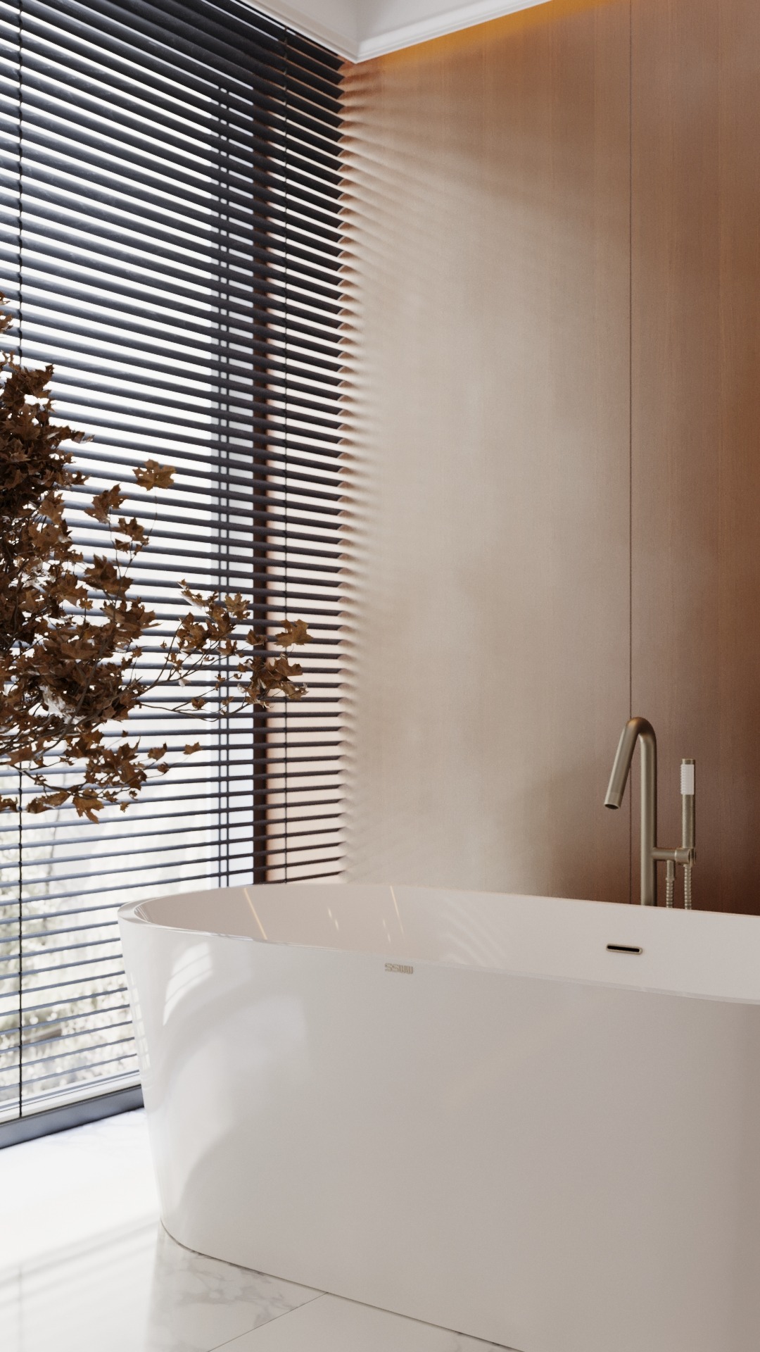 Nowoczesna, wolnostojąca wanna w minimalistycznej łazience z drewnianymi panelami ściennymi i żaluzjami okiennymi, udekorowana gałązką z brązowymi liśćmi.