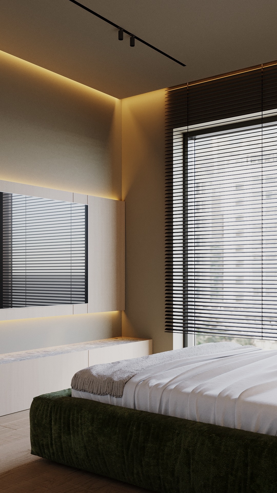 Minimalistyczna sypialnia z oświetleniem LED za wezgłowiem i ciemnymi żaluzjami w oknie, zielone obicie łóżka.