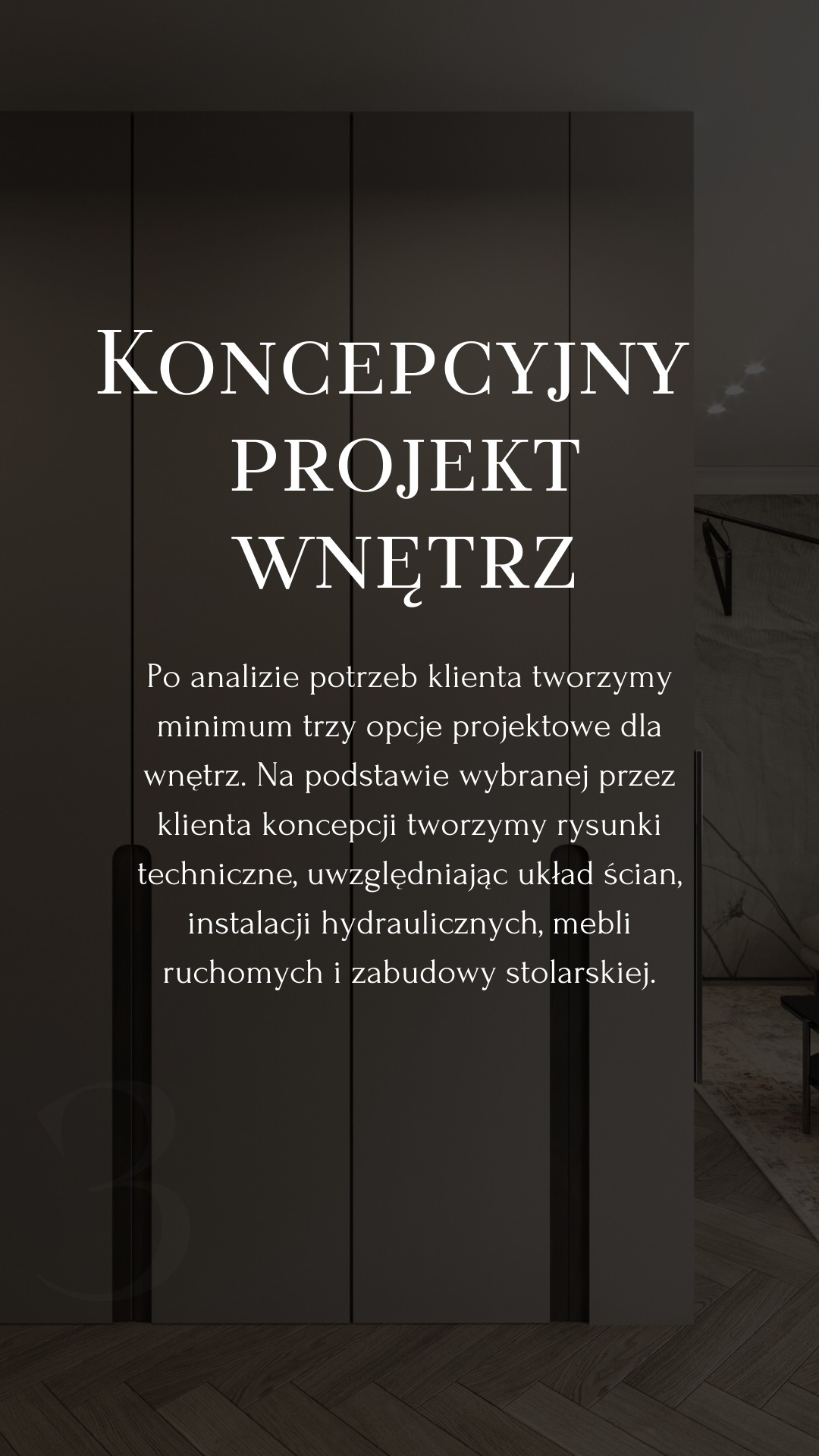 Wizualizacja koncepcyjna wnętrza z opisem zakresu usług, prezentująca minimalistyczny design z ciemną paletą barw i drewnianą podłogą w jodełkę.
