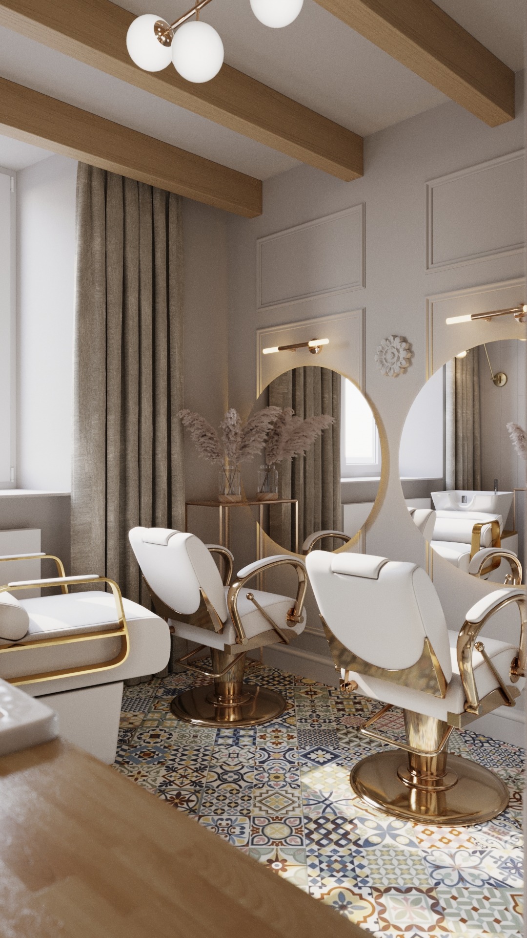 Eleganckie wnętrze salonu fryzjerskiego z dwoma białymi fotelami z elementami złota, okrągłymi lustrami z podświetleniem, dekoracyjnymi sztukateriami na ścianach, drewnianymi belkami na suficie...