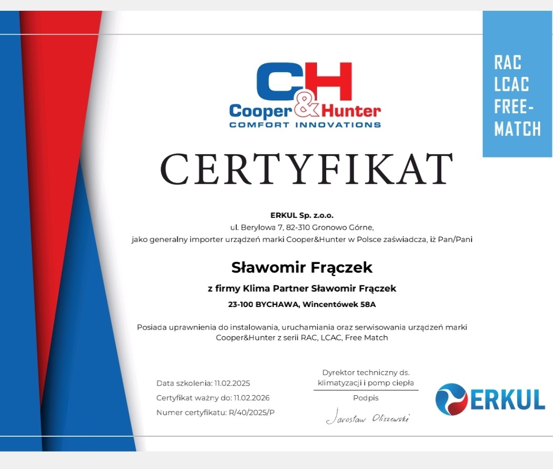 Certyfikat firmy Klima Partner Sławomir Frączek uprawniający do instalacji, uruchamiania i serwisowania urządzeń marki Cooper&Hunter serii RAC, LCAC, Free Match.