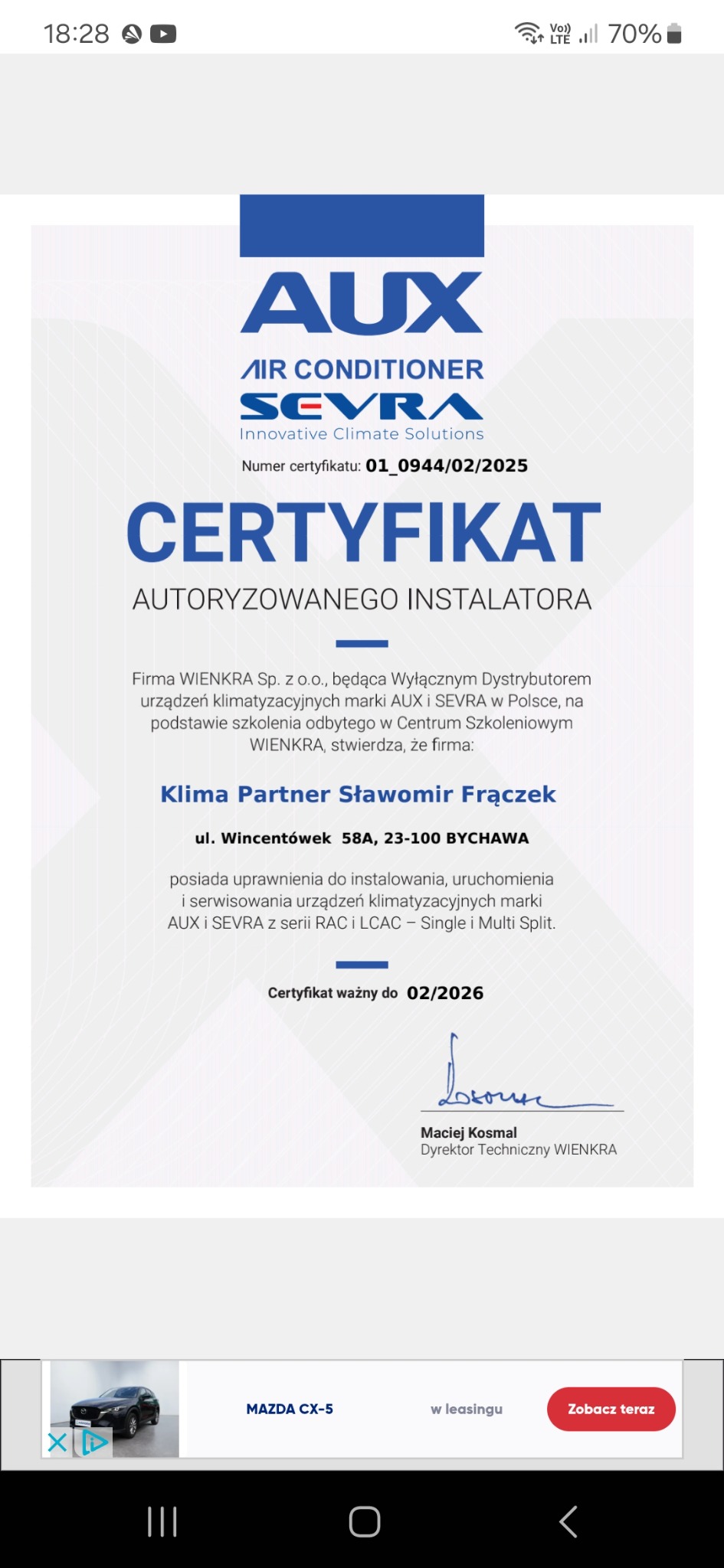 Certyfikat autoryzowanego instalatora klimatyzacji AUX i SEVRA, wystawiony przez firmę WIENKRA dla Klima Partner Sławomir Frączek, ważny do 02/2026.