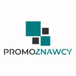 Logo firmy Promoznawcy z geometrycznym symbolem złożonym z turkusowego i szarego kwadratu nad nazwą firmy.
