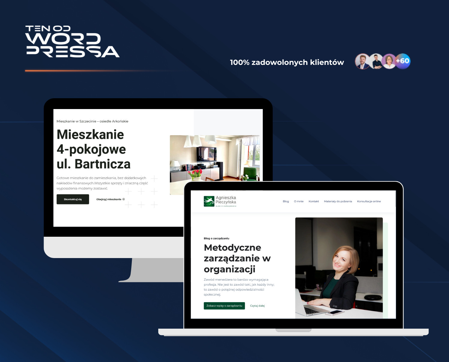 Dwa ekrany laptopów prezentujące projekty stron internetowych: jeden z ofertą mieszkania, drugi z blogiem o zarządzaniu, wykonane w stylistyce WordPress.