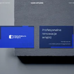 Dwie minimalistyczne, granatowe wizytówki firmy Manufaktura Wnętrz leżące na szarym, teksturowanym tle. Jedna wizytówka z logo i nazwą firmy, druga z informacjami kontaktowymi: numerem telefonu...