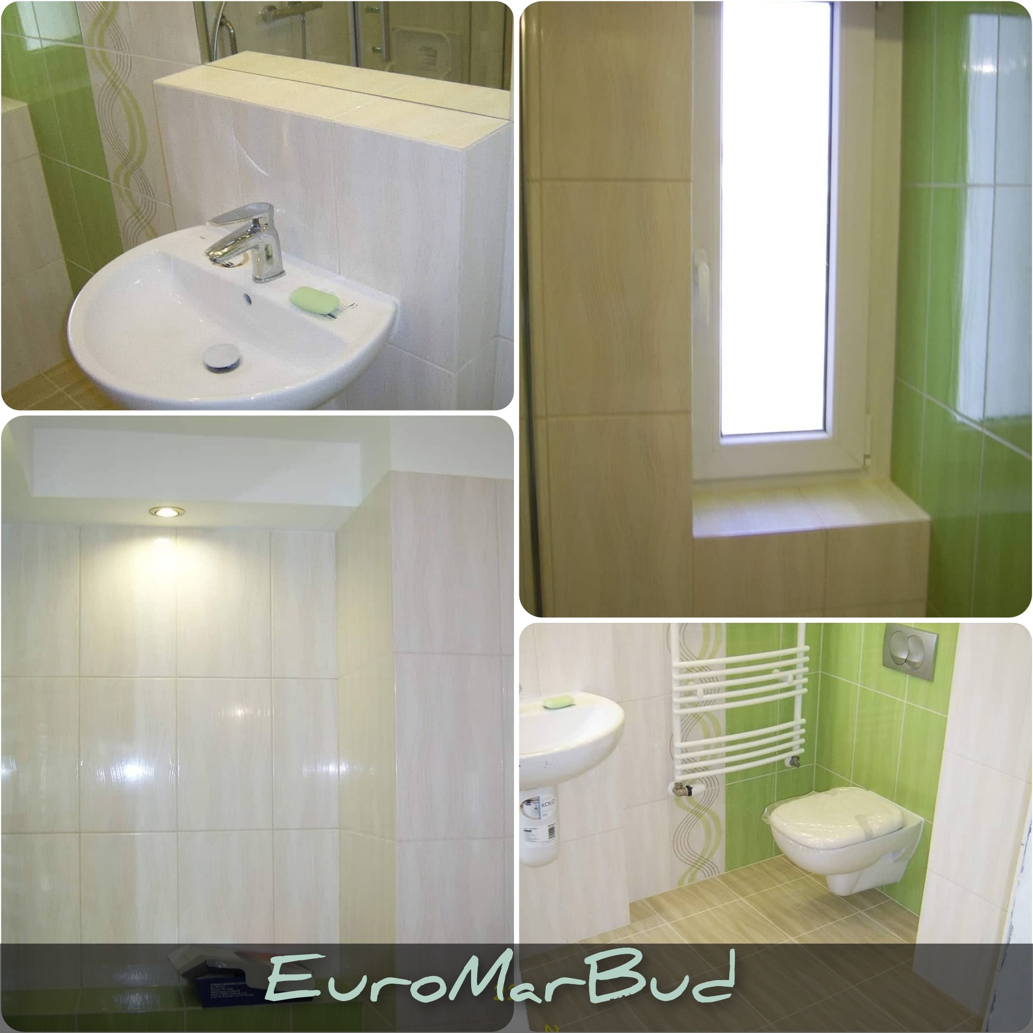 Nowoczesna łazienka po remoncie z białą umywalką, grzejnikiem drabinkowym i podwieszaną toaletą, wykończona w odcieniach beżu i zieleni z dekoracyjnymi wzorami na płytkach.