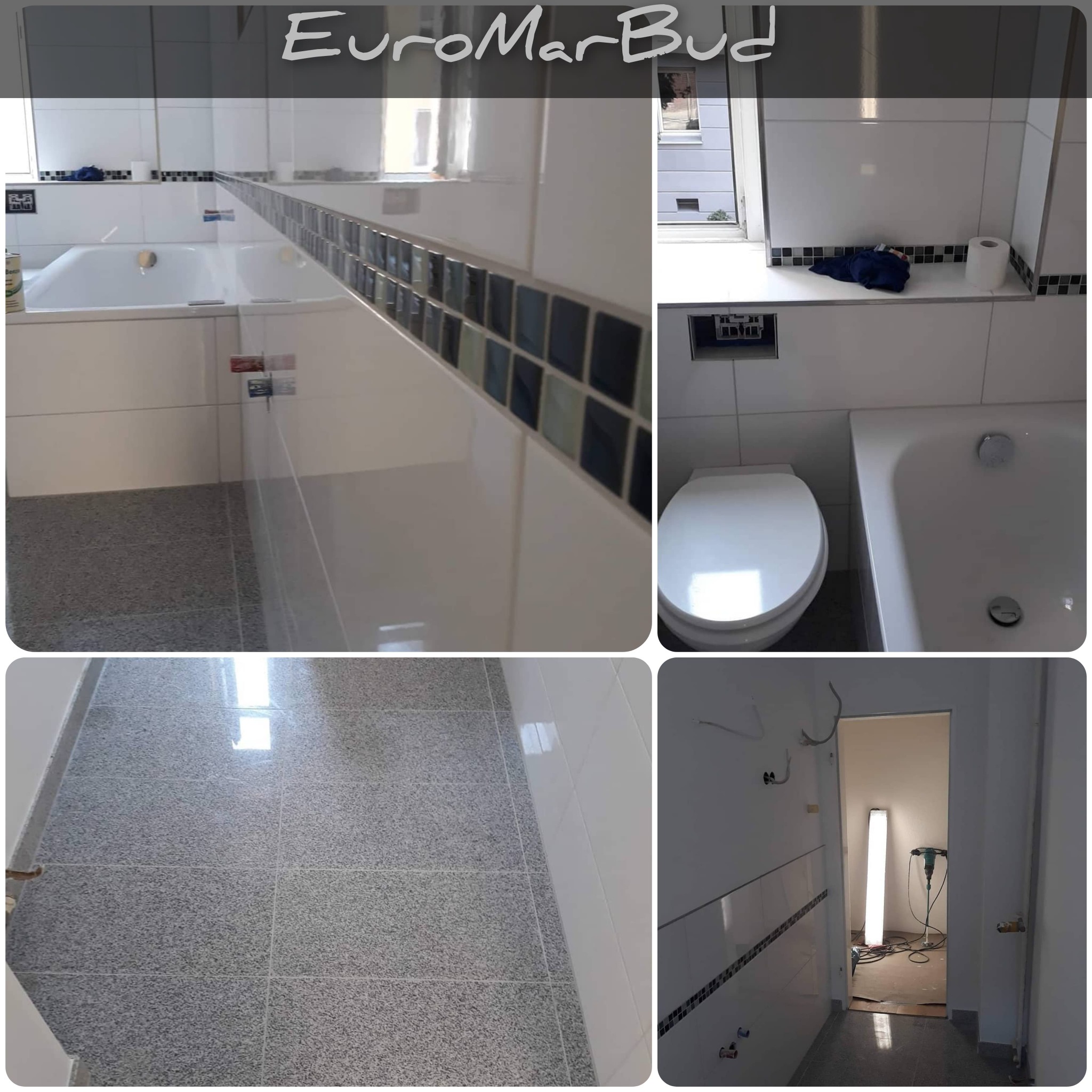 Kompozycja z czterech ujęć: wykończona łazienka z białą wanną, toaletą, szarą podłogą z płytek i dekoracyjnym pasem mozaiki na ścianach, oraz korytarz z widoczną lampą budowlaną i narzędziami.