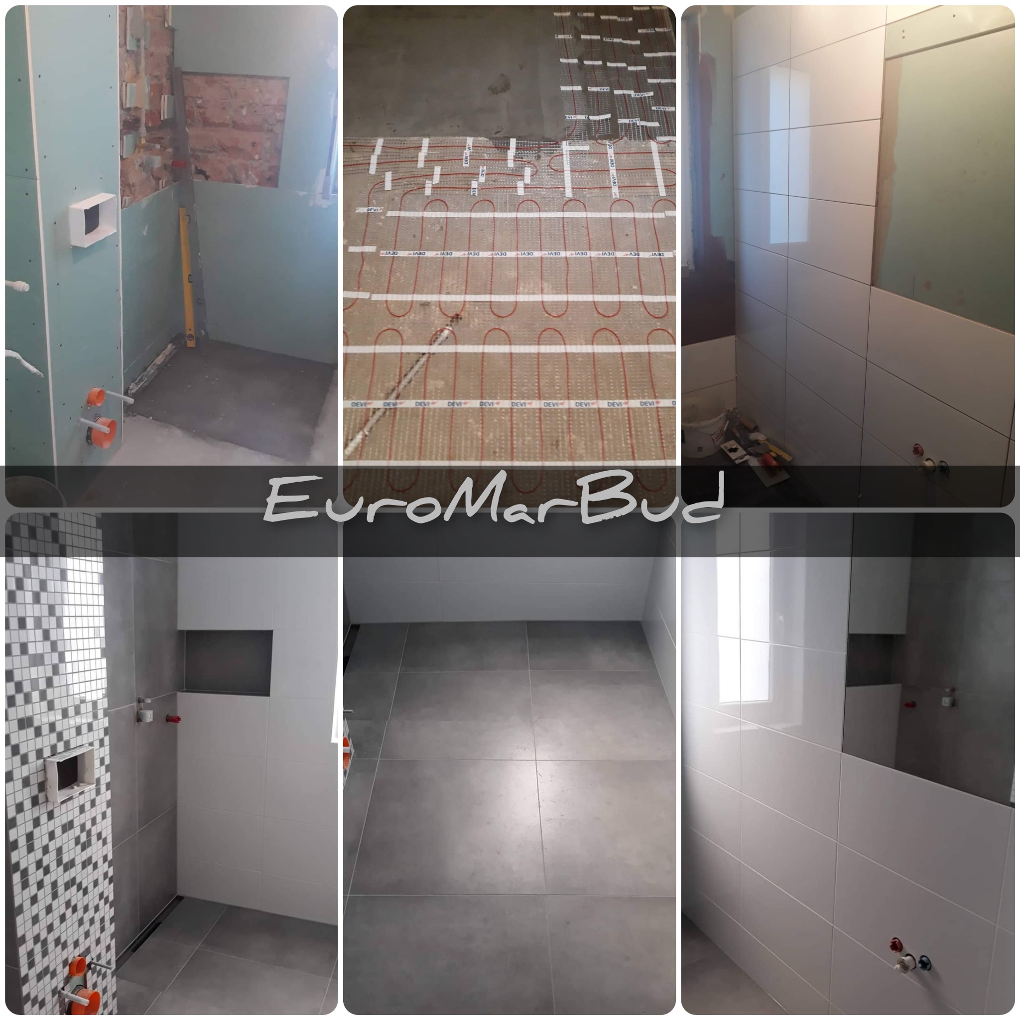 Wielofazowe ujęcie remontowanej łazienki: od surowych ścian z instalacją, poprzez montaż ogrzewania podłogowego, po wykończone płytki ścienne i podłogowe w odcieniach szarości i bieli, z widocznym...