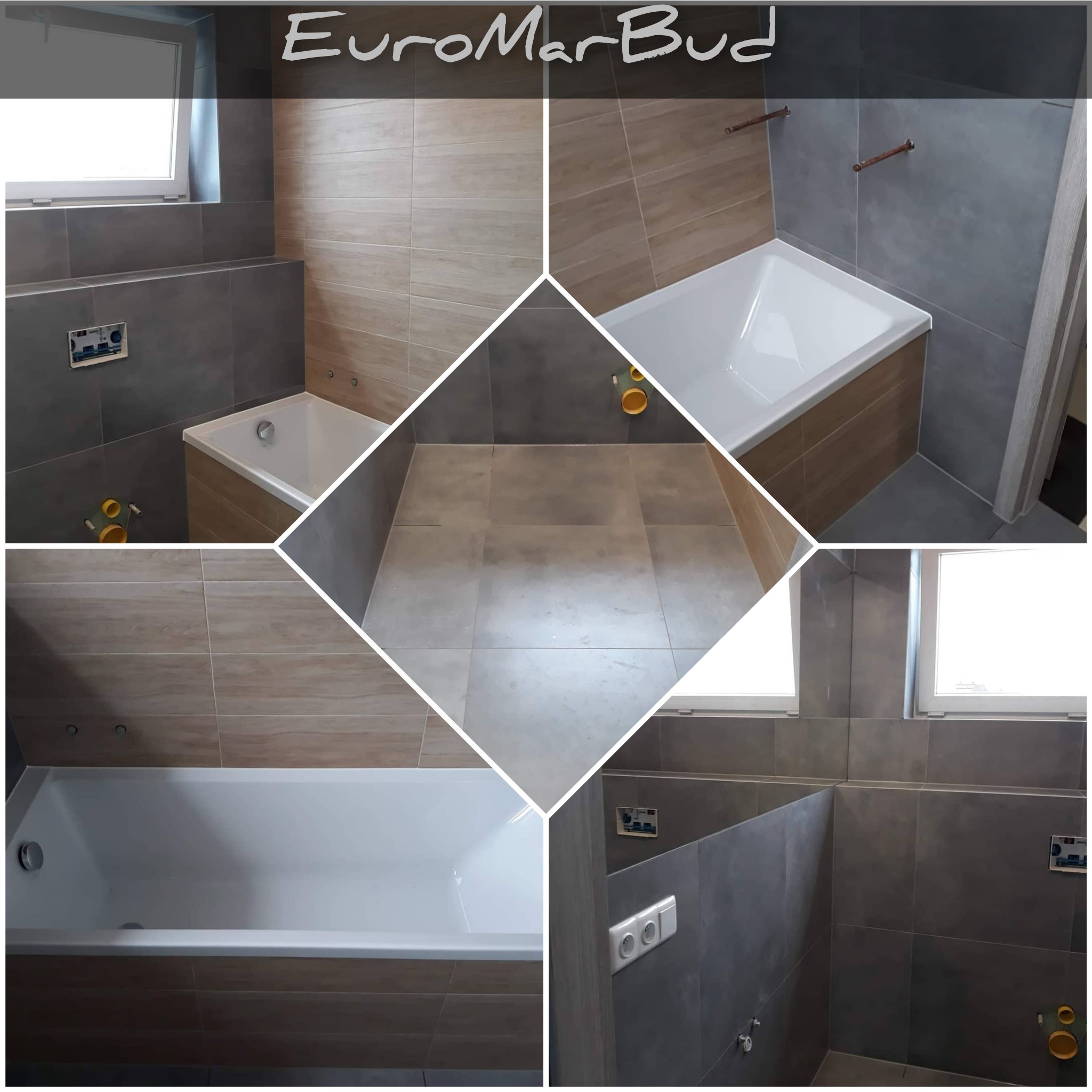 Wnętrze łazienki po remoncie, prezentujące wannę obudowaną panelami imitującymi drewno, szare płytki na ścianach i podłodze, widoczne przyłącza hydrauliczne oraz gniazdko elektryczne.