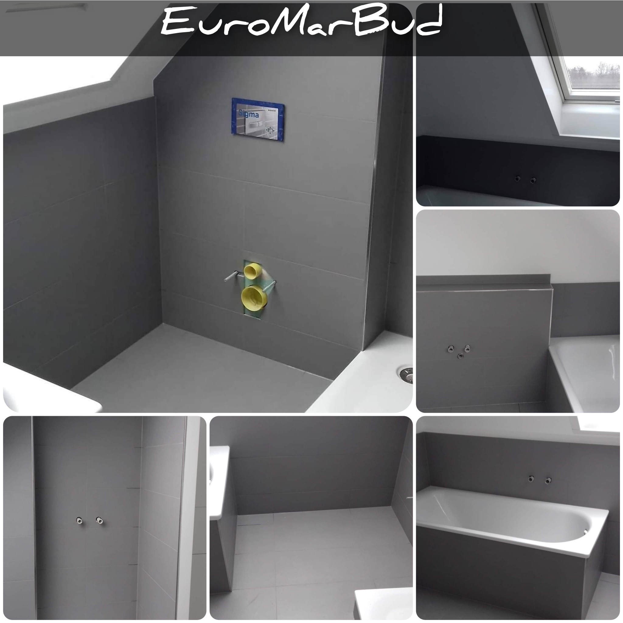 Szara łazienka z wanną i płytkami, widoczne przygotowane instalacje wodno-kanalizacyjne, okno dachowe w skosie.