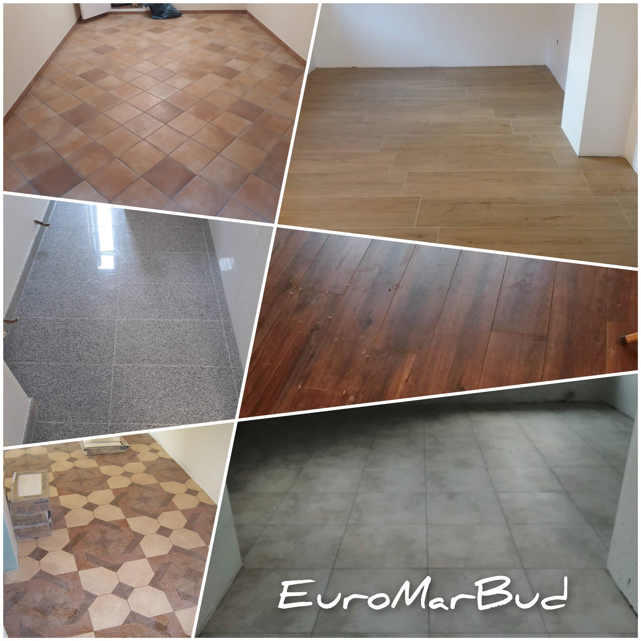 Kompozycja zdjęć prezentująca różne style i wzory ułożonych podłóg: terakota w romby, panele imitujące drewno, szara mozaika, parkiet w jodełkę oraz wzorzyste płytki z kartonami obok.