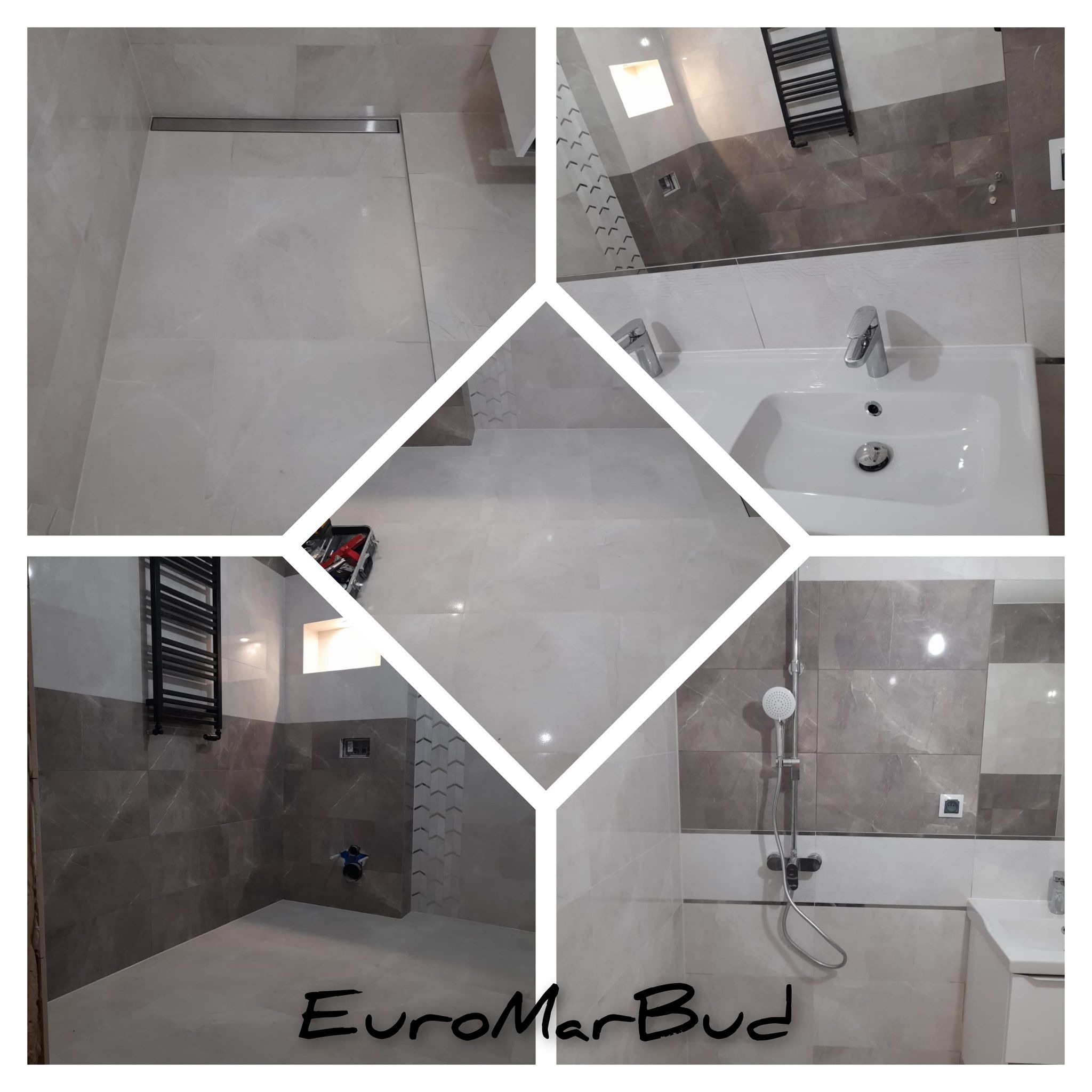 Wielokątna kompozycja przedstawiająca wykończoną łazienkę z szarymi i białymi płytkami, z widoczną kabiną prysznicową z odpływem liniowym, umywalką z baterią, grzejnikiem drabinkowym i narzędziami...