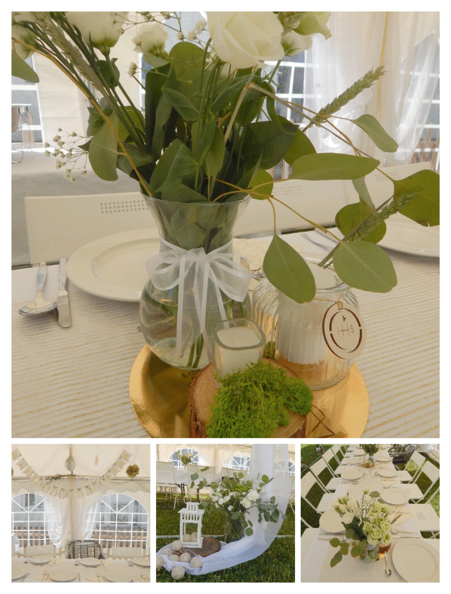 Dekoracja stołu weselnego w namiocie: szklany wazon z białymi różami i zielonymi liśćmi, świeca w szklanym świeczniku, mech na plastrze drewna, złota podkładka, biała zastawa.