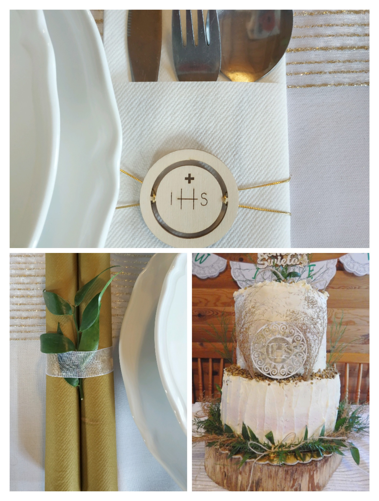 Dekoracja stołu komunijnego: serwetki z drewnianymi obrączkami IHS, złote akcenty i dwupiętrowy tort z dekoracją IHS na drewnianym postumencie.