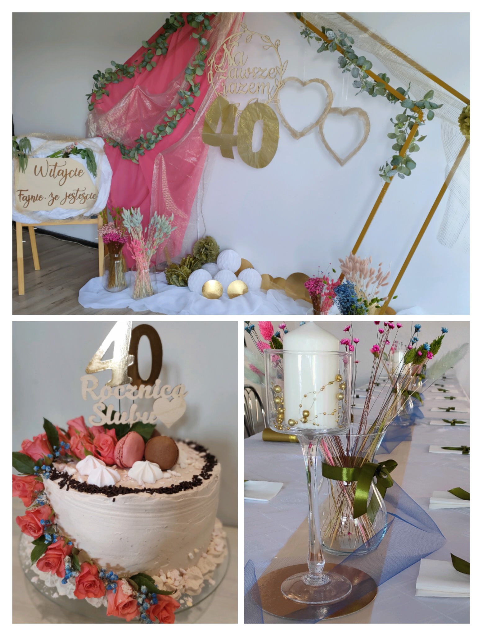 Dekoracja na 40 rocznicę ślubu: tort z różami i makaronikami, ścianka z napisem 'Na zawsze razem', serca z suszonych kwiatów, świeca w szklanym świeczniku, kompozycje kwiatowe w wazonach.