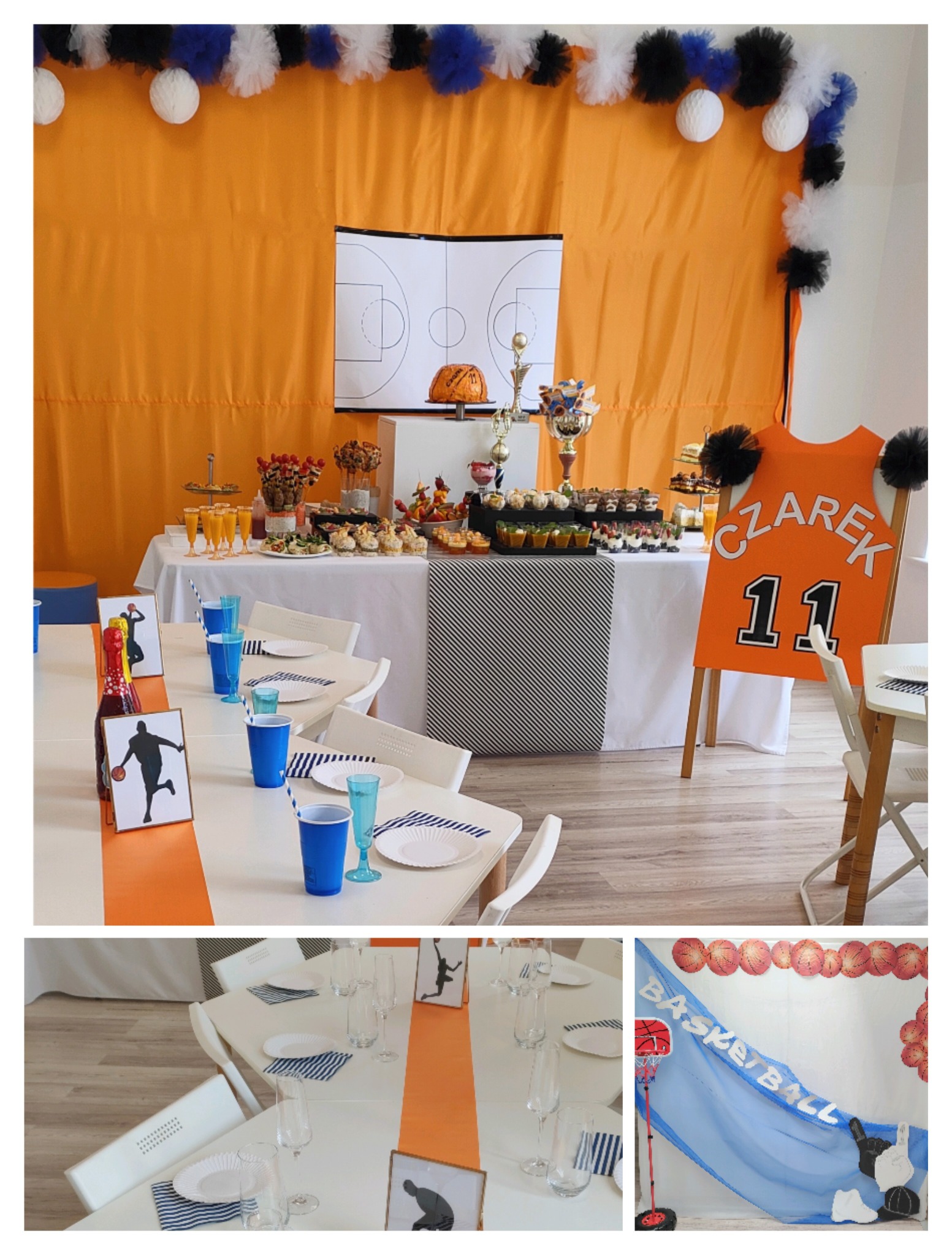 Dekoracja sali na przyjęcie urodzinowe w tematyce koszykówki: pomarańczowe tło z dekoracjami z tiulu, stół z przekąskami, tort w kształcie piłki do kosza, trofea, tabliczki z sylwetkami koszykarzy,...