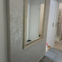 Ściana z dekoracyjną, szarą gładzią wenecką, obok lustro w złotej ramie i wejście do łazienki z kabiną prysznicową w tle.