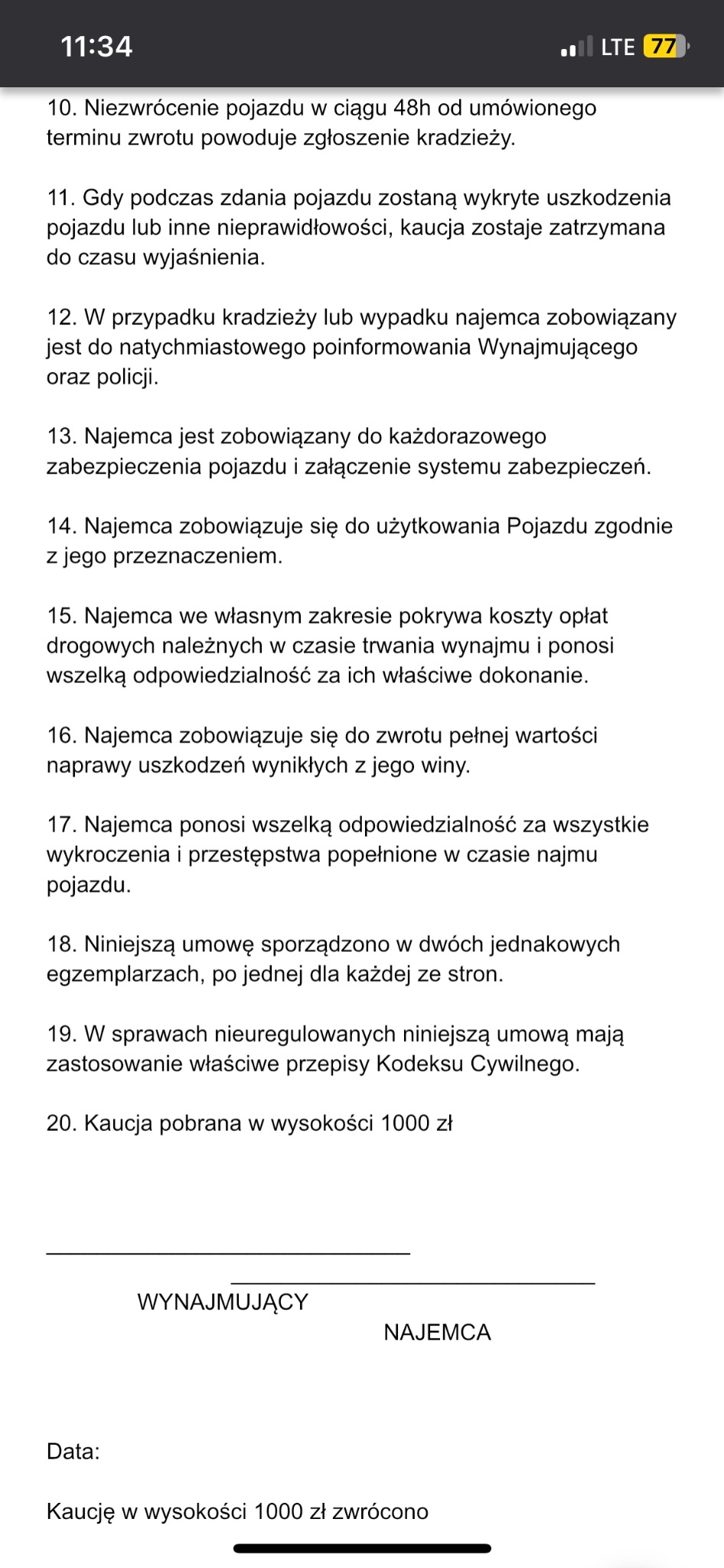 Fragment umowy najmu pojazdu z podpisami 'Wynajmujący' i 'Najemca', zawierający klauzule dotyczące kaucji, zwrotu pojazdu i odpowiedzialności.