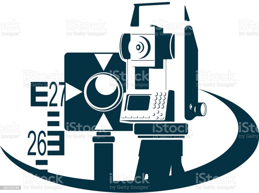 Graficzna, stylizowana ikona przedstawiająca teodolit i łatę geodezyjną, całość w ciemnym odcieniu niebieskiego na białym tle, z elementami imitującymi logo.