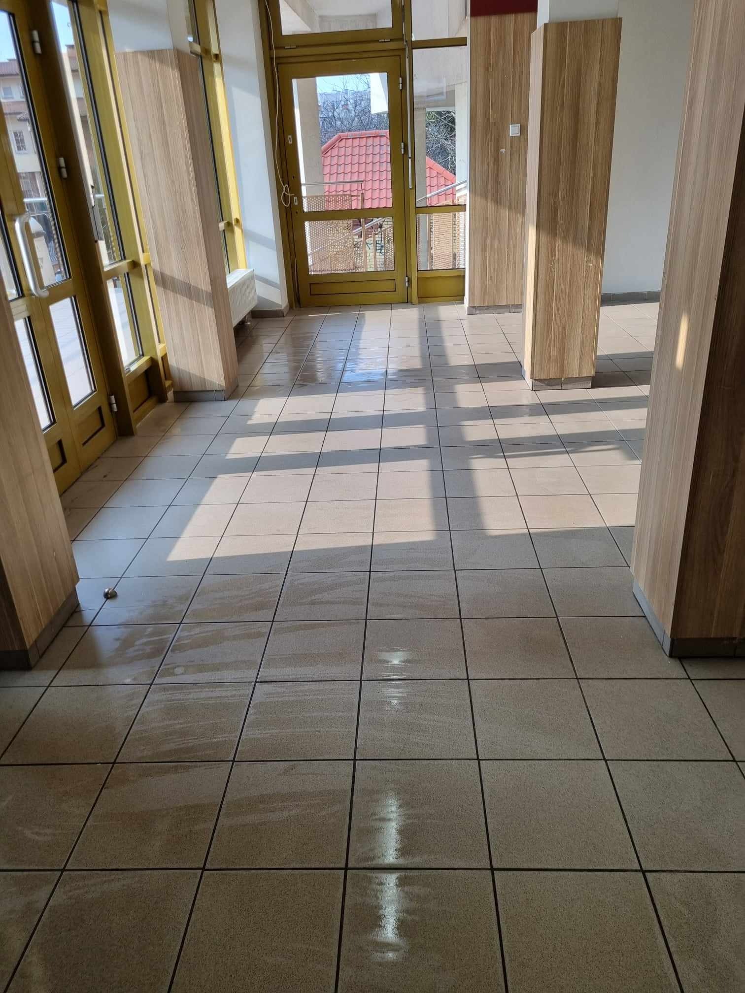 Wnętrze budynku z wypolerowaną, mokrą podłogą z płytek, drewnianymi panelami i drzwiami wejściowymi przepuszczającymi światło słoneczne.