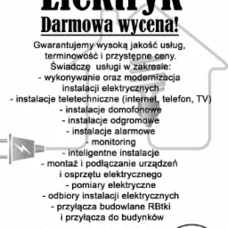Ogłoszenie firmy elektrycznej z hasłem 'Darmowa wycena!', gwarancją jakości, terminowości i przystępnych cen, listą usług oraz numerem telefonu i wizerunkiem elektryka z żarówką i wtyczką.
