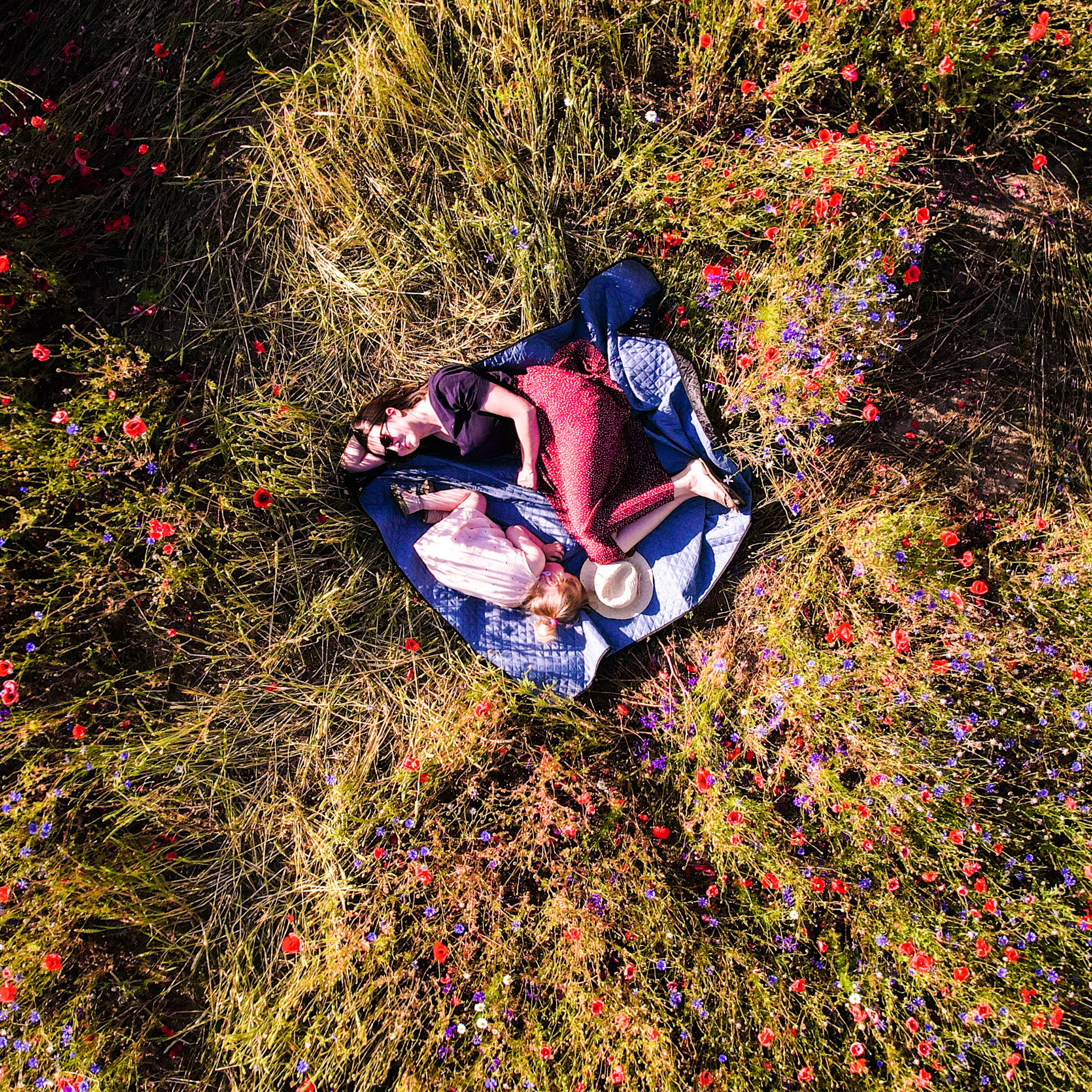 Widok z góry na kobietę i dziecko leżące na piknikowym kocu w kwitnącym polu maków i chabrów, z kapeluszem obok dziecka, uchwycony z drona.