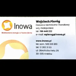 Wizytówka firmy Inowa z logo, danymi kontaktowymi i adresem w Krakowie, oferującej nowoczesne rozwiązania energetyczne dla domu.