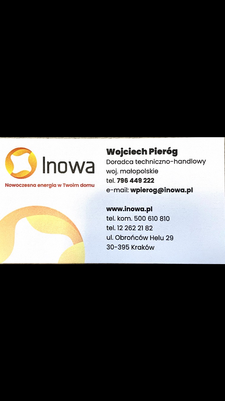 Wizytówka firmy Inowa z logo, danymi kontaktowymi i adresem w Krakowie, oferującej nowoczesne rozwiązania energetyczne dla domu.
