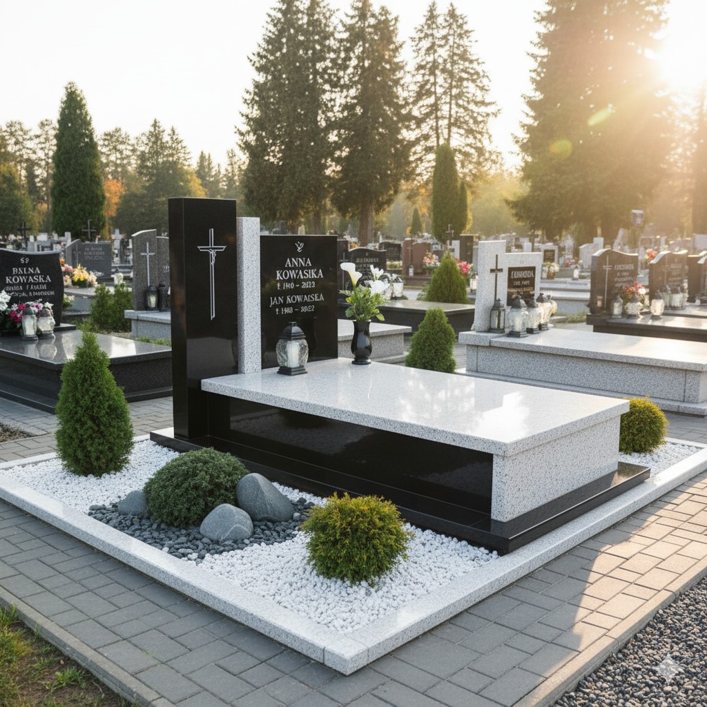 Nowoczesny pomnik z czarnego i szarego granitu, otoczony białym grysem i zielenią, na cmentarzu w Świnicach Warckich. Minimalistyczny design z krzyżem.
