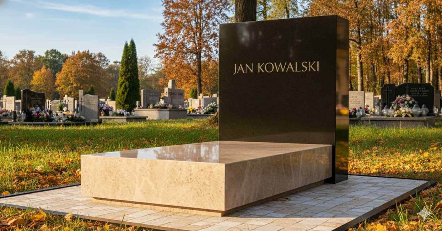 Nowoczesny pomnik z jasnego kamienia z ciemną tablicą nagrobną z napisem 'Jan Kowalski', na cmentarzu w jesiennej scenerii.