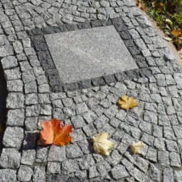 Szara nawierzchnia z kostki granitowej ułożona w geometryczny wzór z kwadratowymi wstawkami, ozdobiona opadłymi liśćmi klonu w jesiennych barwach.