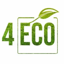 Logo firmy '4ECO' z zielonymi literami i liściem, imitujące trawę, na białym tle.