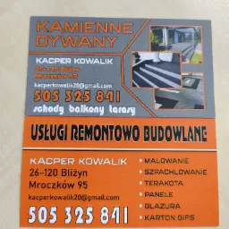 Wizytówka firmy remontowo-budowlanej z ofertą kamiennych dywanów, schodów, balkonów i tarasów, prezentująca przykładowe realizacje na zdjęciach w górnej części.