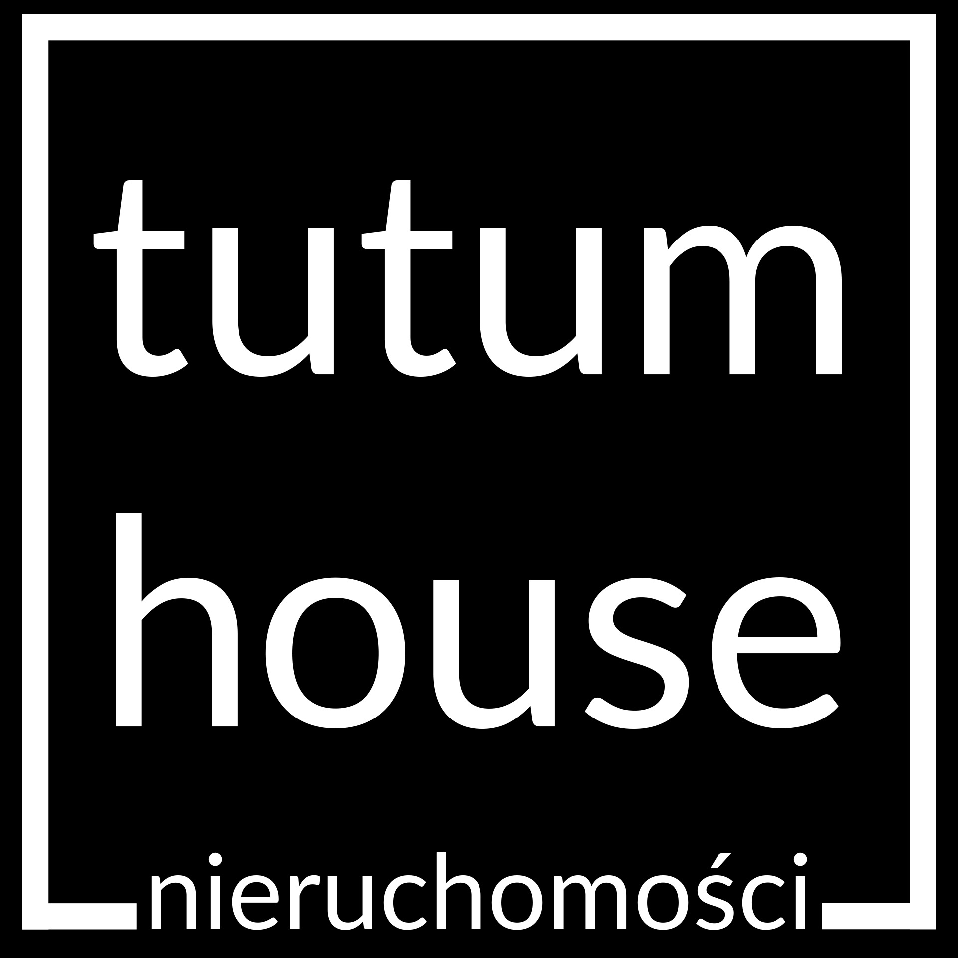Logo firmy Tutum House Nieruchomości w białej ramce na czarnym tle.
