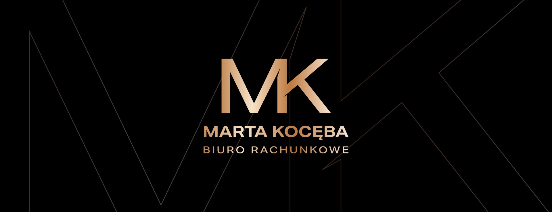 Eleganckie logo biura rachunkowego Marta Kocęba na czarnym tle z geometrycznymi, złotymi liniami.