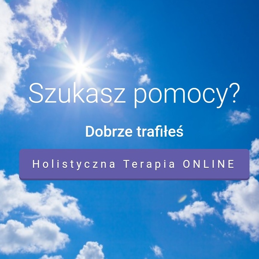 Błękitne niebo z chmurami i słońcem, tekst 'Szukasz pomocy? Dobrze trafiłeś' i fioletowy baner z napisem 'Holistyczna Terapia ONLINE'.