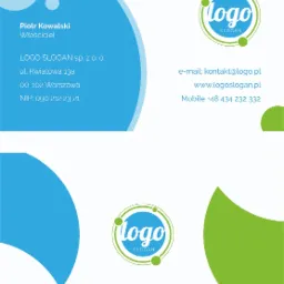 Projekt wizytówki z nowoczesnym logo w okręgu, zawierająca dane kontaktowe firmy i właściciela, w kolorystyce błękitu i zieleni.