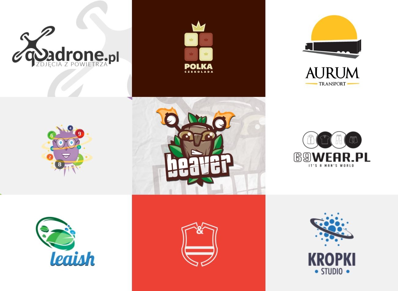 Kompilacja różnorodnych projektów logo: abstrakcyjne formy, typografia, ilustracje zwierząt i motywy związane z naturą, biznesem i technologią.