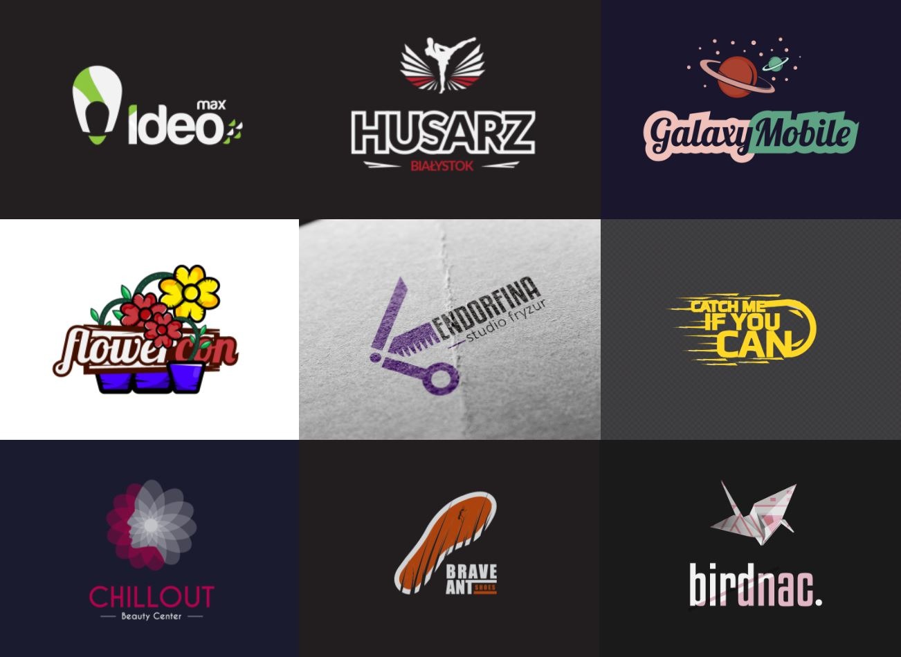 Kompilacja dziewięciu różnych, kolorowych i pomysłowych znaków firmowych na ciemnym tle, prezentujących różnorodność stylistyczną i kreatywne podejście do identyfikacji wizualnej.