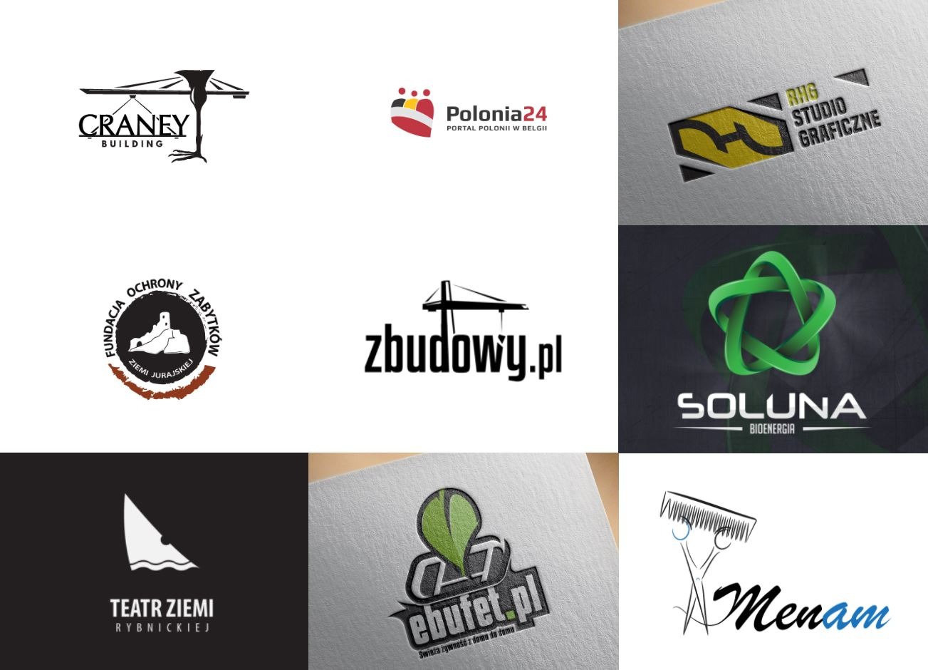 Zestaw dziewięciu różnych logo firm i organizacji, prezentowanych na białym tle z subtelną teksturą papieru, obejmujących branże od budownictwa po kulturę i ekologię.