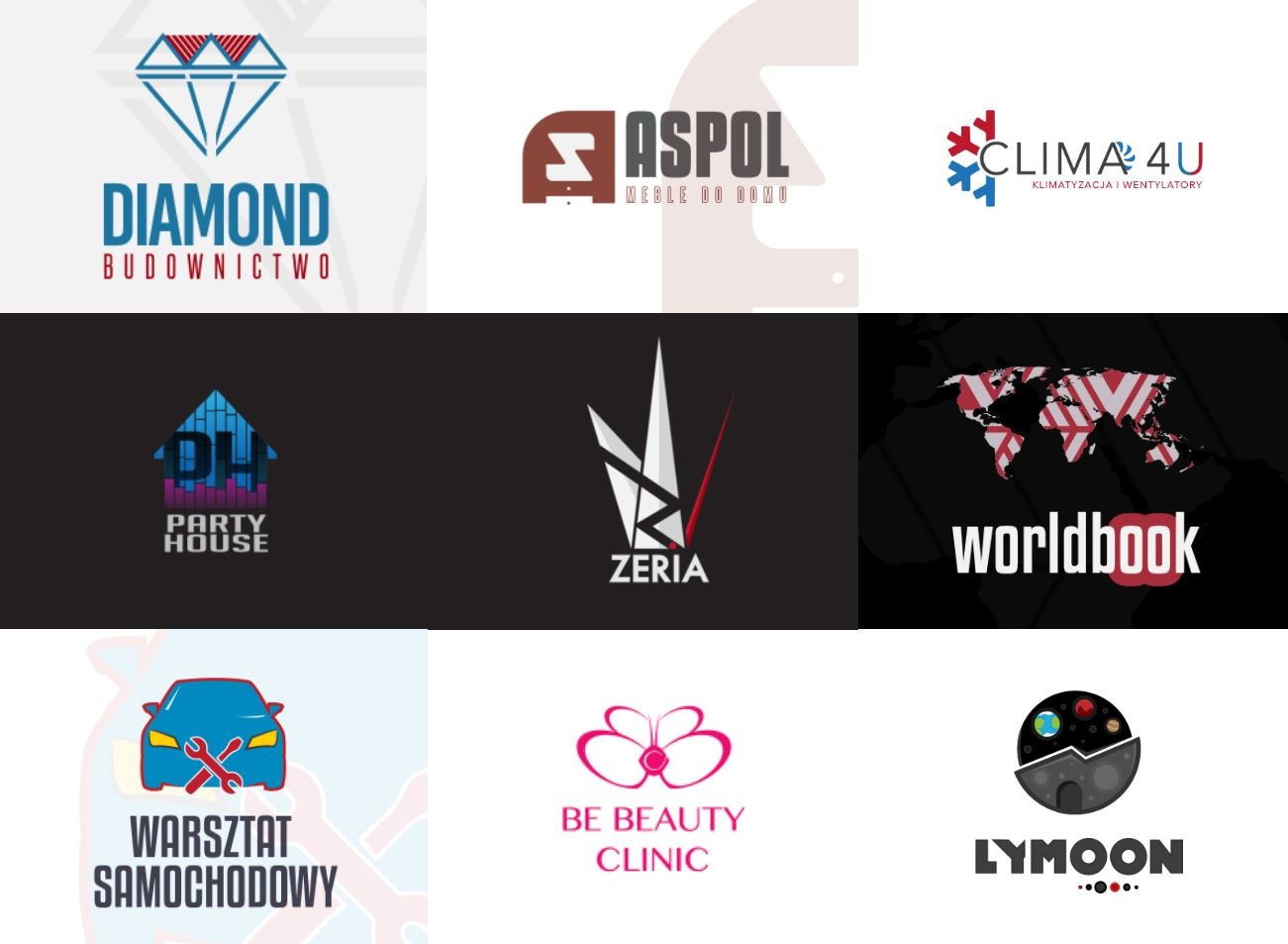 Kompilacja dziewięciu różnorodnych projektów logo, prezentujących szeroki zakres stylów i branż: od budownictwa i mebli po klimatyzację, imprezy, motoryzację i kosmetykę. Każde logo charakteryzuje...