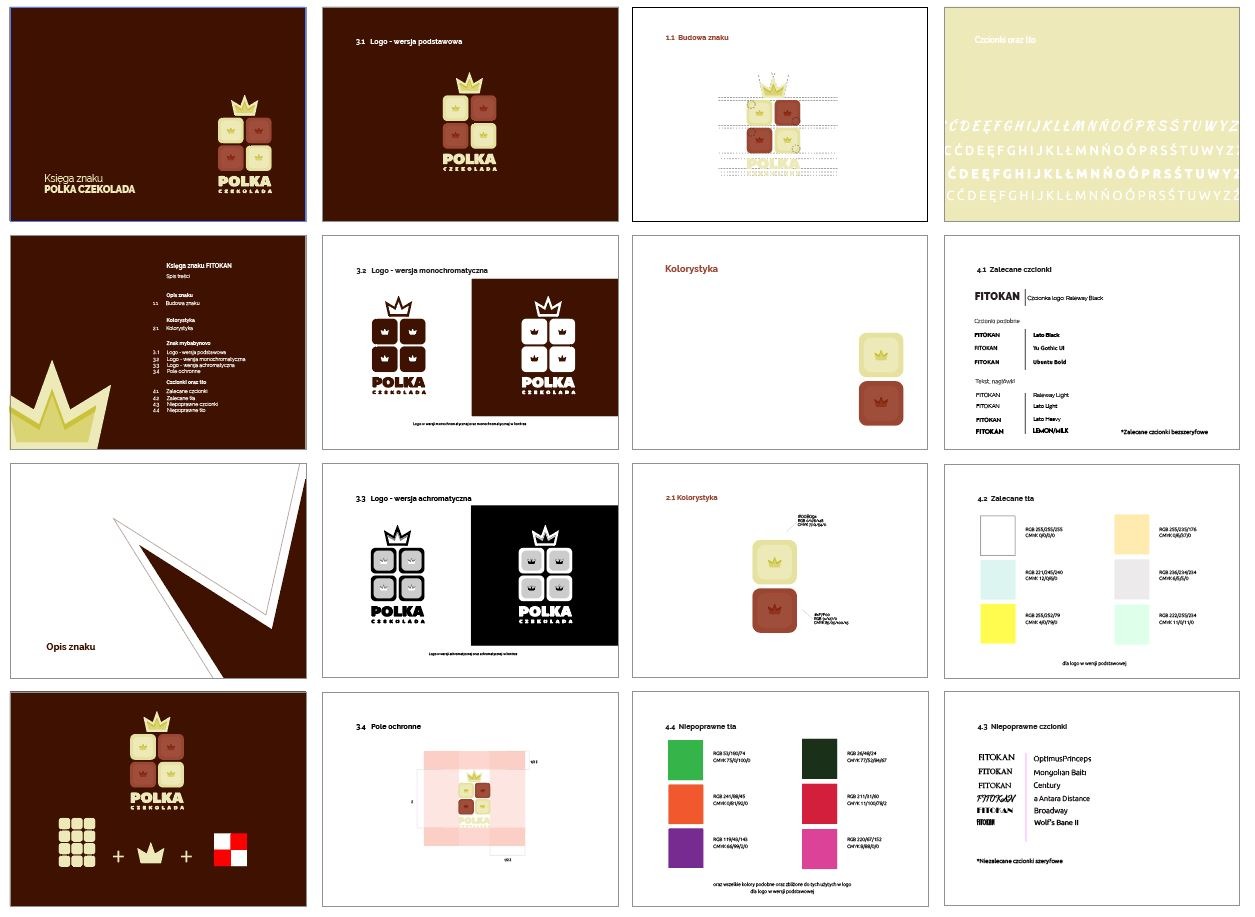 Księga znaku marki Polka Czekolada prezentująca różne wersje logo (podstawową, monochromatyczną, achromatyczną), kolorystykę, zalecane czcionki i niedopuszczalne tła.
