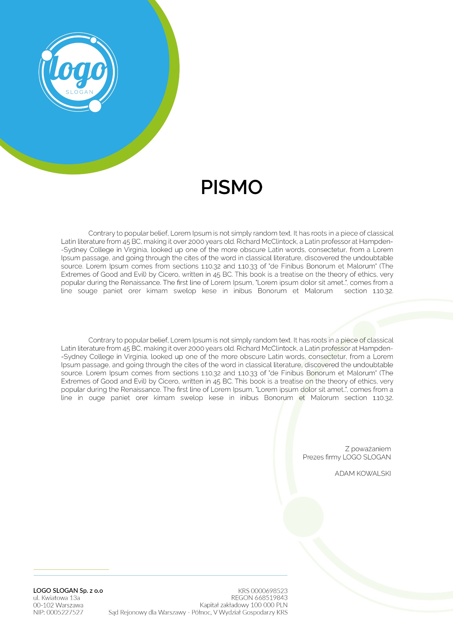 Firmowy dokument z logo w lewym górnym rogu, zawierający tekst Lorem Ipsum, dane kontaktowe firmy i podpis prezesa.