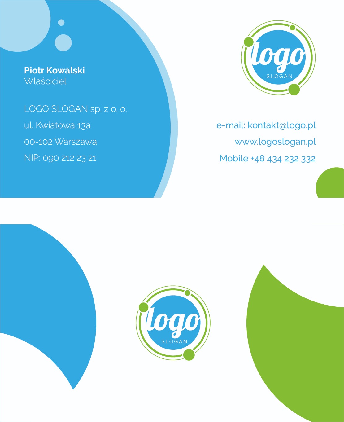Projekt wizytówki z nowoczesnym logo w okręgu, zawierająca dane kontaktowe firmy i właściciela, w kolorystyce błękitu i zieleni.