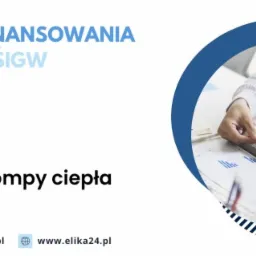 Grafika reklamowa firmy Elika HEK oferującej dofinansowania, odszkodowania oraz usługi związane z fotowoltaiką i pompami ciepła, przedstawiająca osobę pracującą na tablecie i analizującą dokumenty...