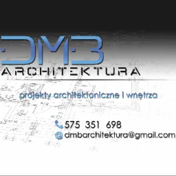 Schemat architektoniczny z naniesionym logo DMB Architektura, numerem telefonu i adresem e-mail, prezentujący projekty architektoniczne i wnętrz.