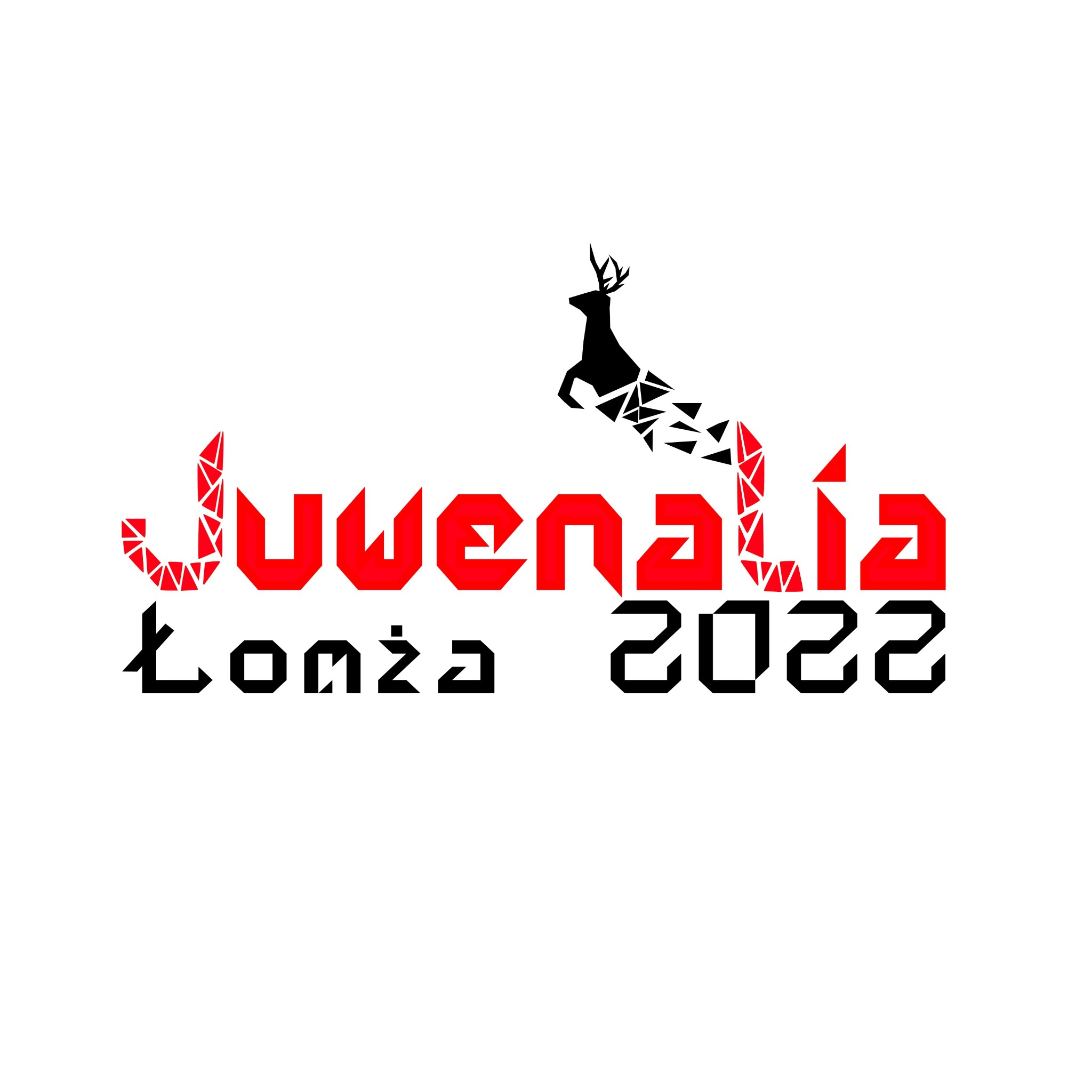 Grafika z napisem 'Juwenalia Łomża 2022' w czerwono-czarnej kolorystyce, stylizowana sylwetka jelenia z efektem rozpadu na trójkąty.